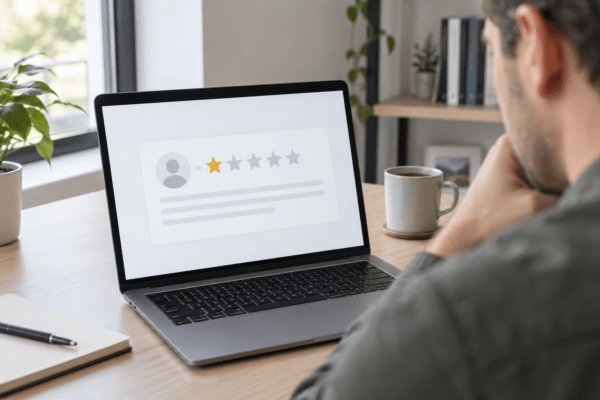 Business owner viewing a one-star online review on a laptop.