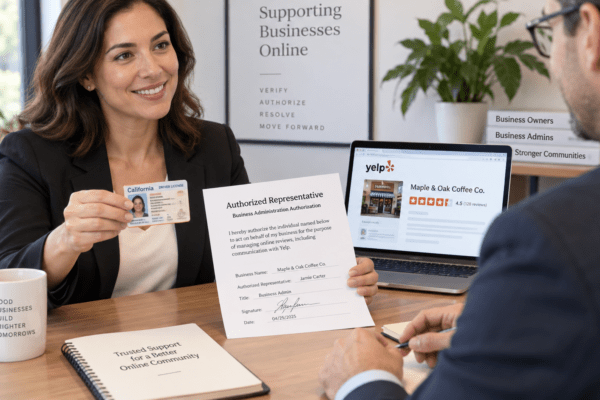 Business owner providing ID and authorization for Yelp review removal